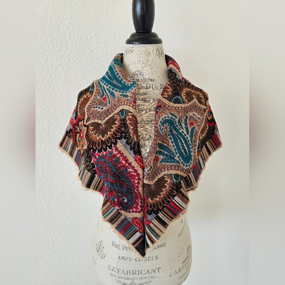 Vintage Ornate Paisley Wool Square Scarf Earth Tones & Jewel Tones